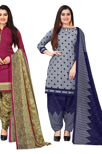 purple & grey cotton printed unstitched salwar suit material (combo of 2)