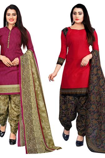 purple & red cotton printed unstitched salwar suit material (combo of 2)