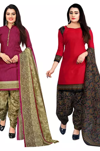 purple & red cotton printed unstitched salwar suit material (combo of 2)