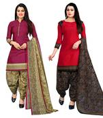 purple & red cotton printed unstitched salwar suit material (combo of 2)