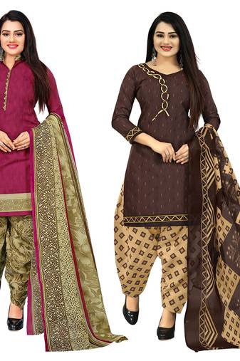 purple and brown cotton printed unstitched salwar suit material (combo of 2)