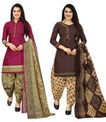 purple and brown cotton printed unstitched salwar suit material (combo of 2)
