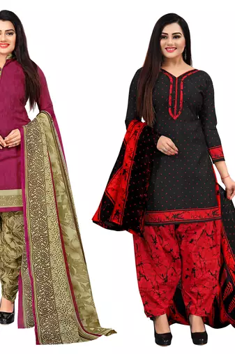 Rajnandini purple and black cotton printed unstitched salwar suit material (combo of 2)