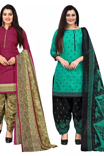 purple and green cotton printed unstitched salwar suit material (combo of 2)