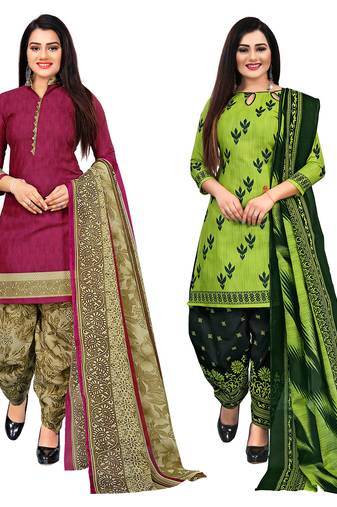 purple and parrot green cotton printed unstitched salwar suit material (combo of 2)