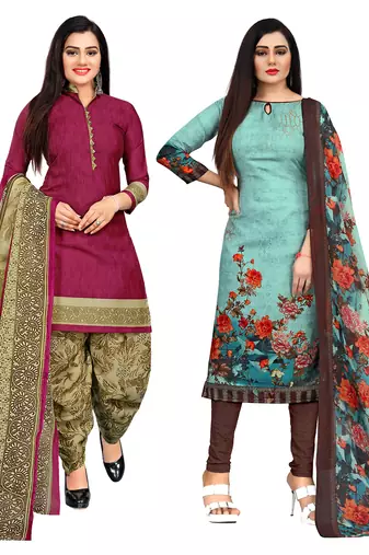 purple & pista green cotton printed unstitched salwar suit material (combo of 2)