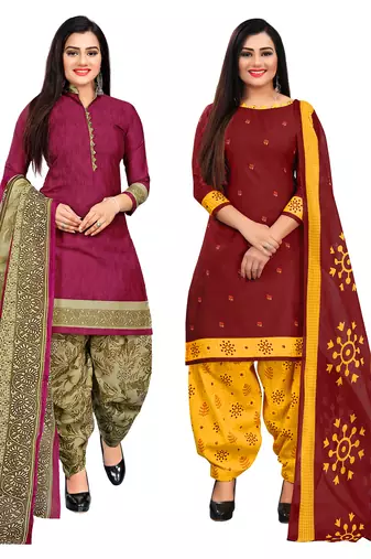 purple and maroon cotton printed unstitched salwar suit material (combo of 2)