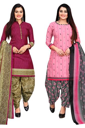 purple & baby pink cotton printed unstitched salwar suit material (combo of 2)