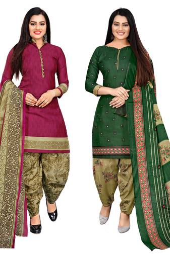 purple & green cotton printed unstitched salwar suit material (combo of 2)