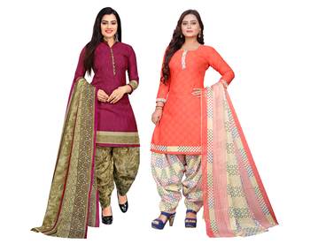 purple & peach cotton printed unstitched salwar suit material (combo of 2) 1