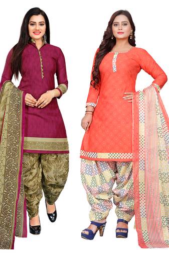 purple & peach cotton printed unstitched salwar suit material (combo of 2)