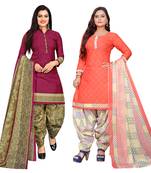 purple & peach cotton printed unstitched salwar suit material (combo of 2)