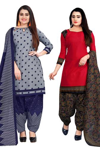 Rajnandini grey & red cotton printed unstitched salwar suit material (combo of 2)