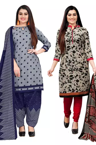 grey & beige cotton printed unstitched salwar suit material (combo of 2)