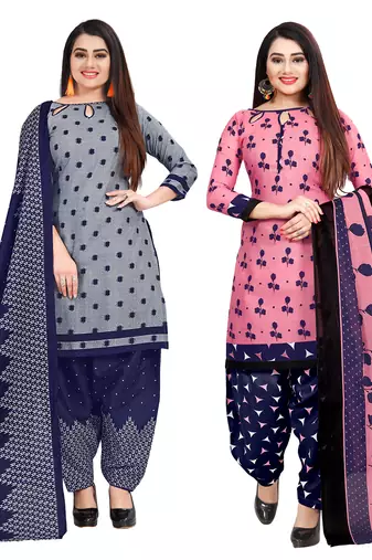 grey and pink cotton printed unstitched salwar suit material (combo of 2)