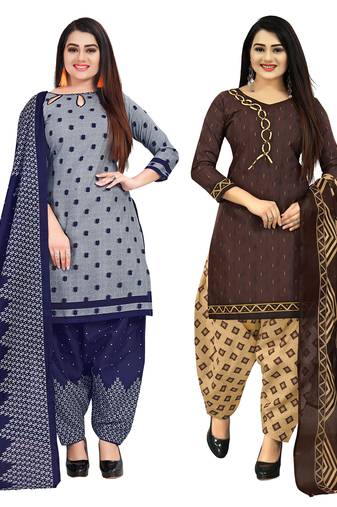 grey and brown cotton printed unstitched salwar suit material (combo of 2)