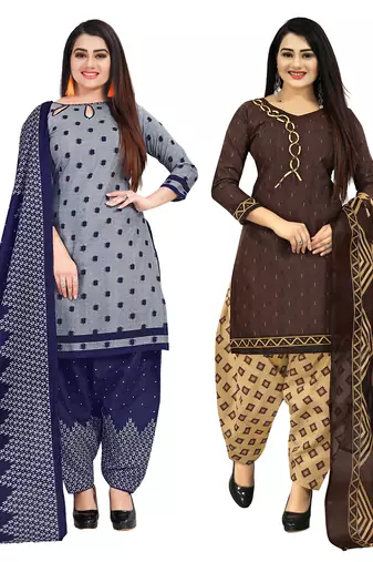 grey and brown cotton printed unstitched salwar suit material (combo of 2)