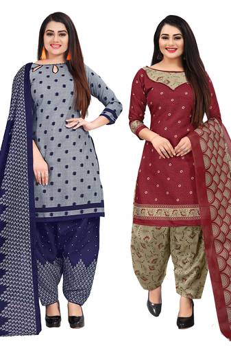 grey and red cotton printed unstitched salwar suit material (combo of 2)