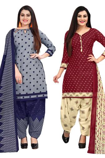 grey and maroon cotton printed unstitched salwar suit material (combo of 2)