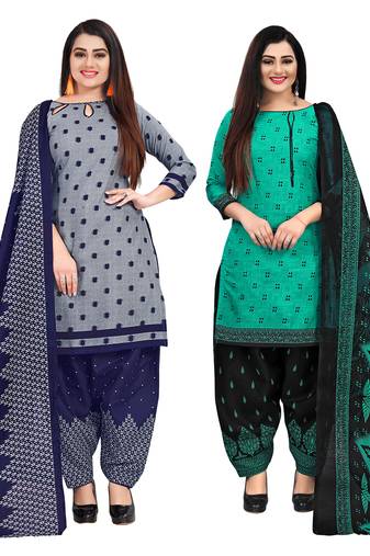 grey and green cotton printed unstitched salwar suit material (combo of 2)
