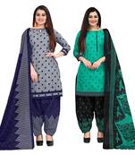 grey and green cotton printed unstitched salwar suit material (combo of 2)