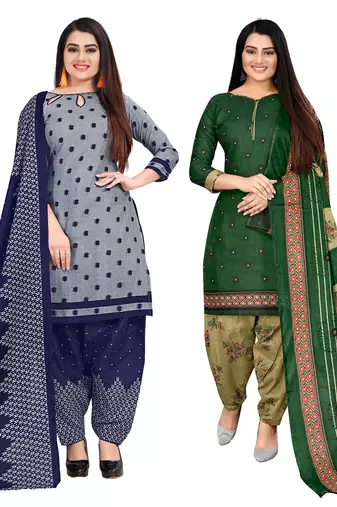Rajnandini grey & green cotton printed unstitched salwar suit material (combo of 2)