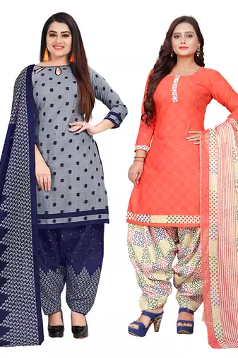 grey & peach cotton printed unstitched salwar suit material (combo of 2)