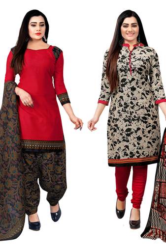 red and beige cotton printed unstitched salwar suit material (combo of 2)