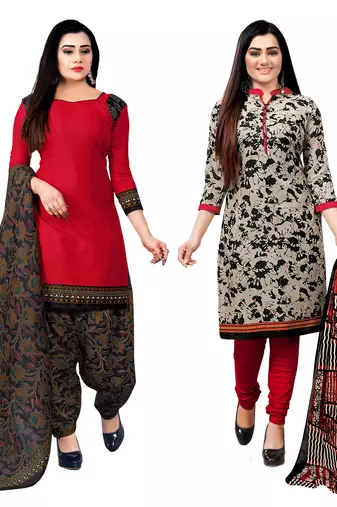 red and beige cotton printed unstitched salwar suit material (combo of 2)