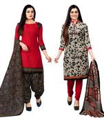red and beige cotton printed unstitched salwar suit material (combo of 2)