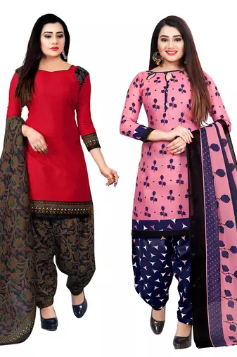 red and pink cotton printed unstitched salwar suit material (combo of 2)