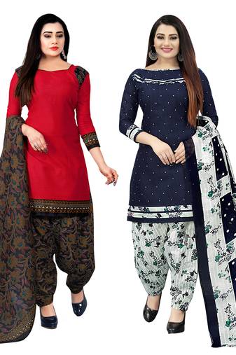 red and navy blue cotton printed unstitched salwar suit material (combo of 2)