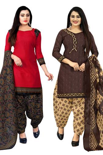 red and brown cotton printed unstitched salwar suit material (combo of 2)
