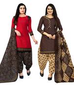 red and brown cotton printed unstitched salwar suit material (combo of 2)