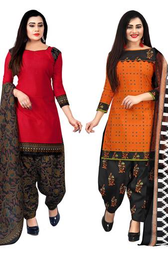 red and orange cotton printed unstitched salwar suit material (combo of 2)