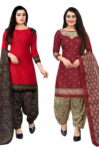 red and red cotton printed unstitched salwar suit material (combo of 2)