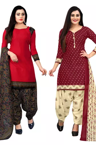 Rajnandini red and maroon cotton printed unstitched salwar suit material (combo of 2)