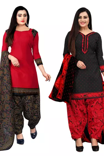 Rajnandini red and black cotton printed unstitched salwar suit material (combo of 2)