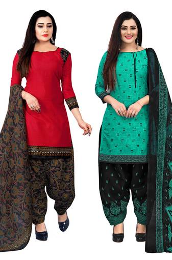 Rajnandini red and green cotton printed unstitched salwar suit material (combo of 2)