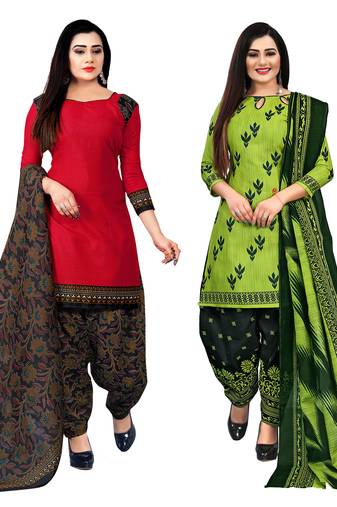 red and parrot green cotton printed unstitched salwar suit material (combo of 2)