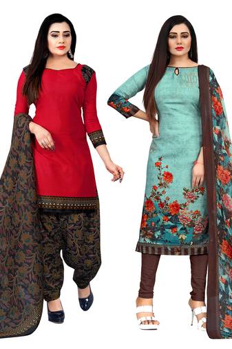 red & pista green cotton printed unstitched salwar suit material (combo of 2)