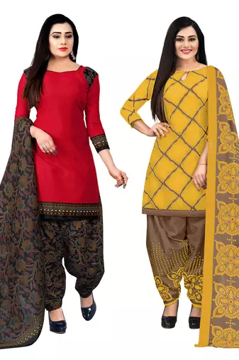 red and yellow cotton printed unstitched salwar suit material (combo of 2)