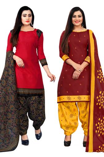 Rajnandini red and maroon cotton printed unstitched salwar suit material (combo of 2)