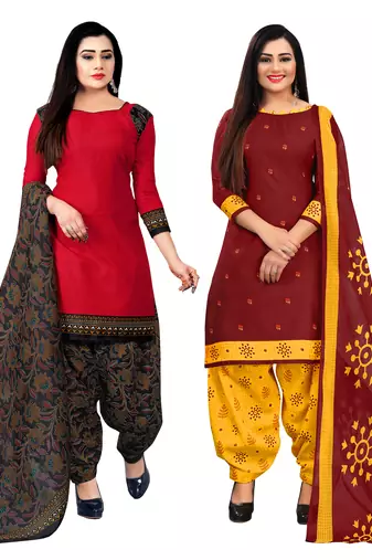 Rajnandini red and maroon cotton printed unstitched salwar suit material (combo of 2)