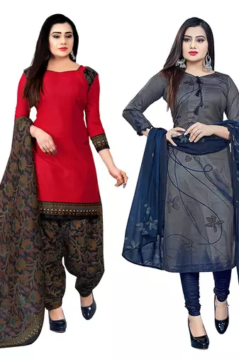 Rajnandini red & grey cotton printed unstitched salwar suit material (combo of 2)
