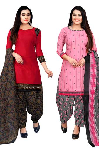 red and baby pink cotton printed unstitched salwar suit material (combo of 2)
