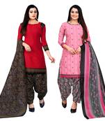 red and baby pink cotton printed unstitched salwar suit material (combo of 2)