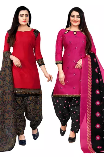 Rajnandini red & magenta cotton printed unstitched salwar suit material (combo of 2)