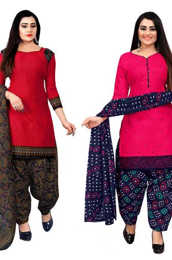 Rajnandini red and dark pink cotton printed unstitched salwar suit material (combo of 2)