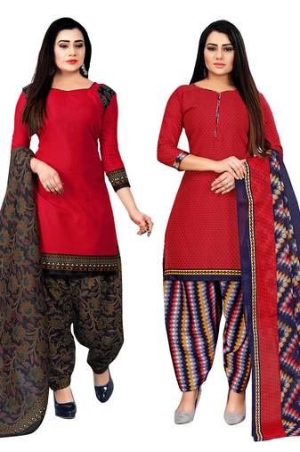red and red cotton printed unstitched salwar suit material (combo of 2)